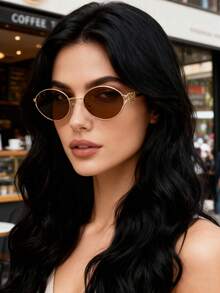 1pc Retro Oval Full-Rim Multifunctional Women's Fashion Glasses, Suitable For Travel, Vacation, Beach Accessories, Y2K Style - Brown - View 2