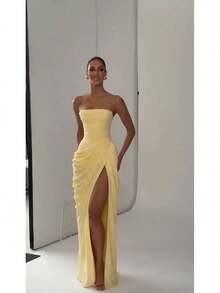 Elegante Vestido Amarillo Plisado sin Tirantes para Mujer, Chic, sin Mangas, con Cintura Ajustada, Abertura Lateral, Vestidos Largos de Fiesta para Dama, Novedad 2026 - chaleco marrón - Ver 5