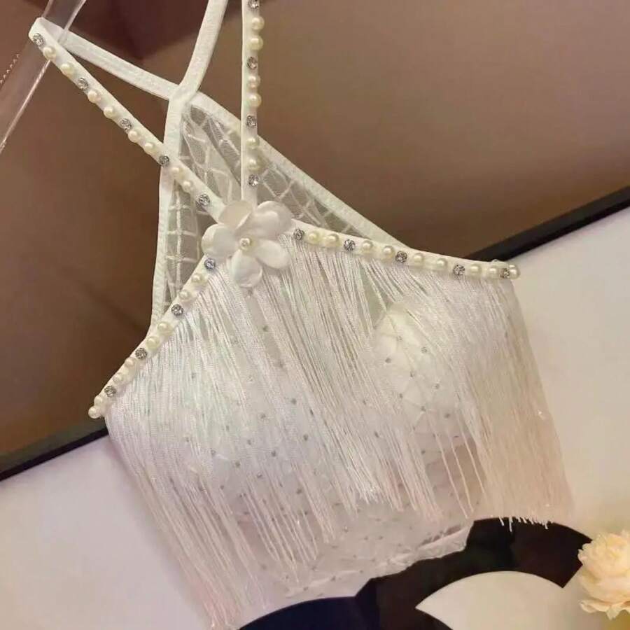 Top halter decorativo con copas acolchadas, borla larga, diamante brillante de perlas, estilo millenario retro, cabestro sexy - BLANCO - Ver 1