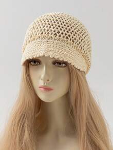 1pc Women's Fashionable Solid Color Versatile Hollow Thin Brimmed Handmade Crochet Beanie Hat, Suitable For Boho Style Daily Wear, Spring/Autumn - A - View 1