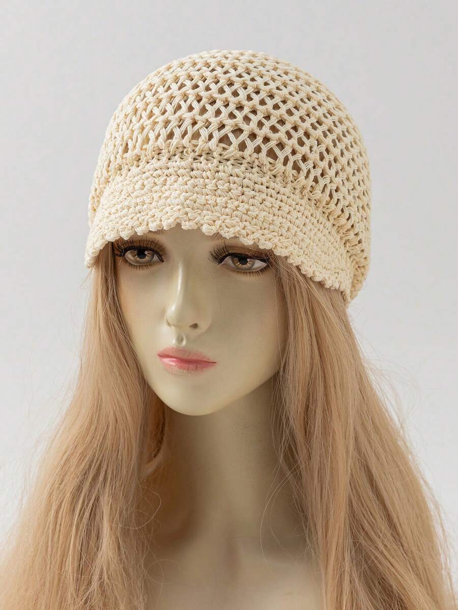 1pc Women's Fashionable Solid Color Versatile Hollow Thin Brimmed Handmade Crochet Beanie Hat, Suitable For Boho Style Daily Wear, Spring/Autumn - A - View 1