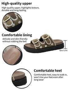 Vintage Rivet Decor Women's Sandals, Fashion Versatile Double-Strap Thick-Sole Slippers, Metal Buckle Decor, Platform Thick-Sole Comfortable Casual Slippers - Khaki - View 8