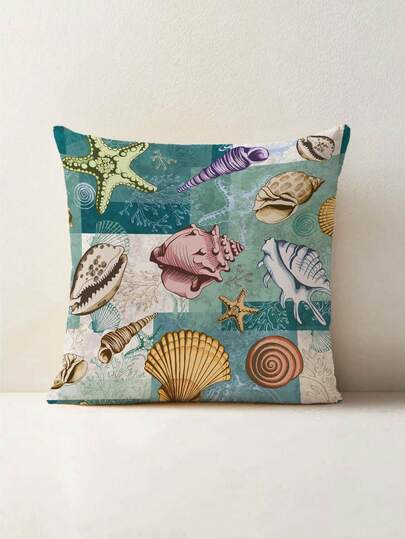1pc Vintage Distressed Seashell, Coral, Starfish Pattern Cushion Cover, Creative Printed Velvet Square Pillow Sham, Suitable For Living Room, Bedroom, Home Decor, Sofa, Car Pillow, All Season