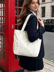 Large Capacity Women's Canvas Tote Bag, Elegant Solid Color Shoulder Handbag, Multi-Functional Commute/Work/School Bag - White - View 2