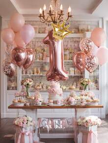 1/2 piezas Globo de lámina de poliéster de 32 pulgadas en color oro rosa con el número 1 grande, globo de helio digital grande y globo corona. Decoración de fiesta de cumpleaños número 1 feliz para niños o niñas, suministros de fiesta de aniversario gigantes - Multicolor - Ver 3