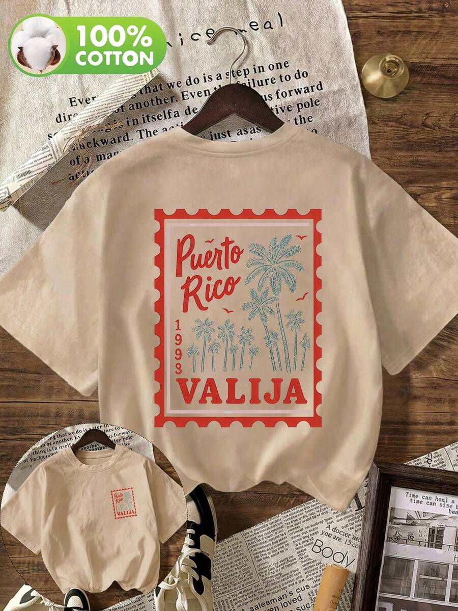 Women's Casual Retro Puerto Rico 1998 Palm Tree Tropical Vacation Pattern Round Neck Short Sleeve T-Shirt, Suitable For Spring, Summer And Autumn - Apricot - View 1