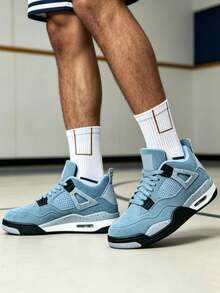 Premium Leather & Mesh Basketball Sneakers, Color-Blocked Design, Reinforced Stitching + Comfort Insoles, Dual-Use For Casual Wear & Training - Màu xanh dương của trường đại học - Xem 4