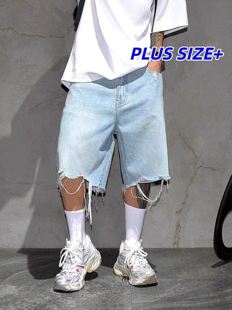 Men's Distressed Denim Shorts, Korean Style, Loose Fit Casual Mid-Thigh Length Shorts