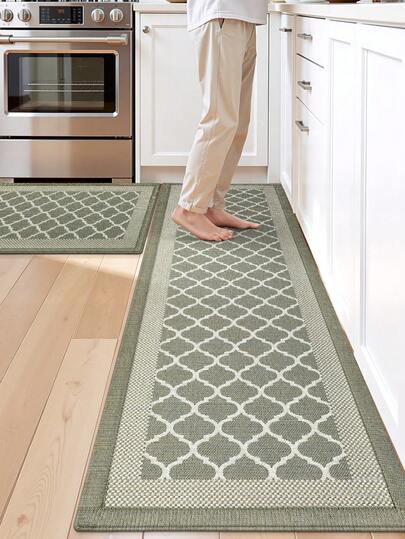 1pc Nordic Minimalist Olive Green Plaid Doormat, Outdoor Rug For Kitchen, Hallway, Bathroom, Bedroom, Living Room, Washable Non-Slip Decorative Carpet