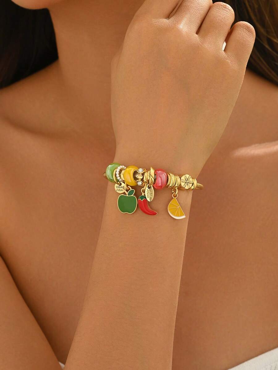 1pc Women's 18K Gold Plated Stainless Steel Personalized Fashion Fruit Multi-Charm Bracelet Suitable For Daily Wear - Gold-b1461 - View 1