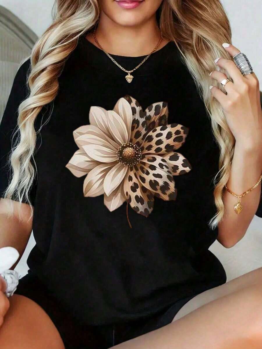Camiseta de manga corta Demon S-Slayer con estampado floral de leopardo para mujer, top casual blanco con diseño floral único para uso diario. Camiseta de manga corta estilo anime, adecuada para fiestas, deportes y otros regalos navideños. - Negro - Ver 1