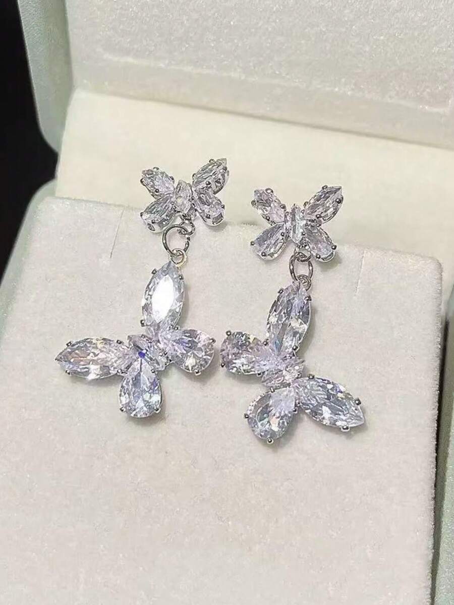 Bông tai hình bướm lấp lánh đính đá Cubic Zirconia, món quà lý tưởng dành cho phái nữ, kiểu dáng thanh lịch phù hợp cho các buổi tiệc và liên hoan. - Bạc - Xem 1