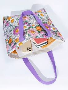 1 Pc Floral Embroidered Tote Bag, Large Capacity Canvas Shoulder Bag With Purple Handle, Cute Aesthetic Handbag ,Lightweight Shopping Bag For School Beach Grocery Daily Holiday - Mauve Purple - View 4