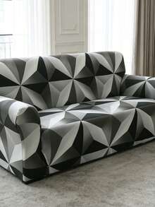 1pc Stretch Full Cover Sofa Slipcover, Geometric Pattern, Modern Style Polyester Fabric, Machine Washable, Protects Sofa, Dust & Dirt Resistant - Black and White - View 2