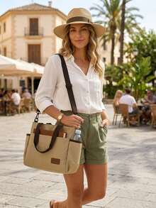 Minimalist Solid Color Canvas Tote Bag, Large Capacity Crossbody Bag, Portable Travel Shoulder Bag, Casual Handbag, Suitable For Outdoor Travel Or Commuting, Vintage Multi-Pocket Handbag, Multi-Functional Square Backpack, Large Capacity Student Tote Bag, Multi-Compartment Design, Perfect For Beach, School, Work And Daily Use, Women's Handbag, College Mother's Day Gift, Travel Essential - Beige - View 16