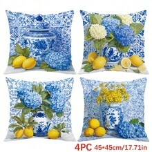 4pcs Set Simple Daily Blue & White Porcelain Lemon Pattern Throw Pillow Cover, Single-Sided Printed Peach Velvet Material, 45*45CM Cushion Cover Suitable For Modern Minimalist Sofa Living Room Decor, Gift, Party Decoration - Multicolor - View 10