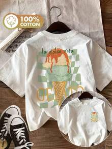 Summery Women's Top With A Double-Sided Italian-Style Print Featuring An Ice Cream And Check Pattern. La Dolce Vita GELATO Italia Printed Round Neck Short-Sleeve T-Shirt For Women - White - View 7