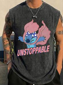Disney Lilo & Stitch Unstoppable Officially Licensed Men's Sleeveless Graphic Tee, 100% Cotton 230g Washed Vintage Streetwear Shirt - màu đen - Xem 3