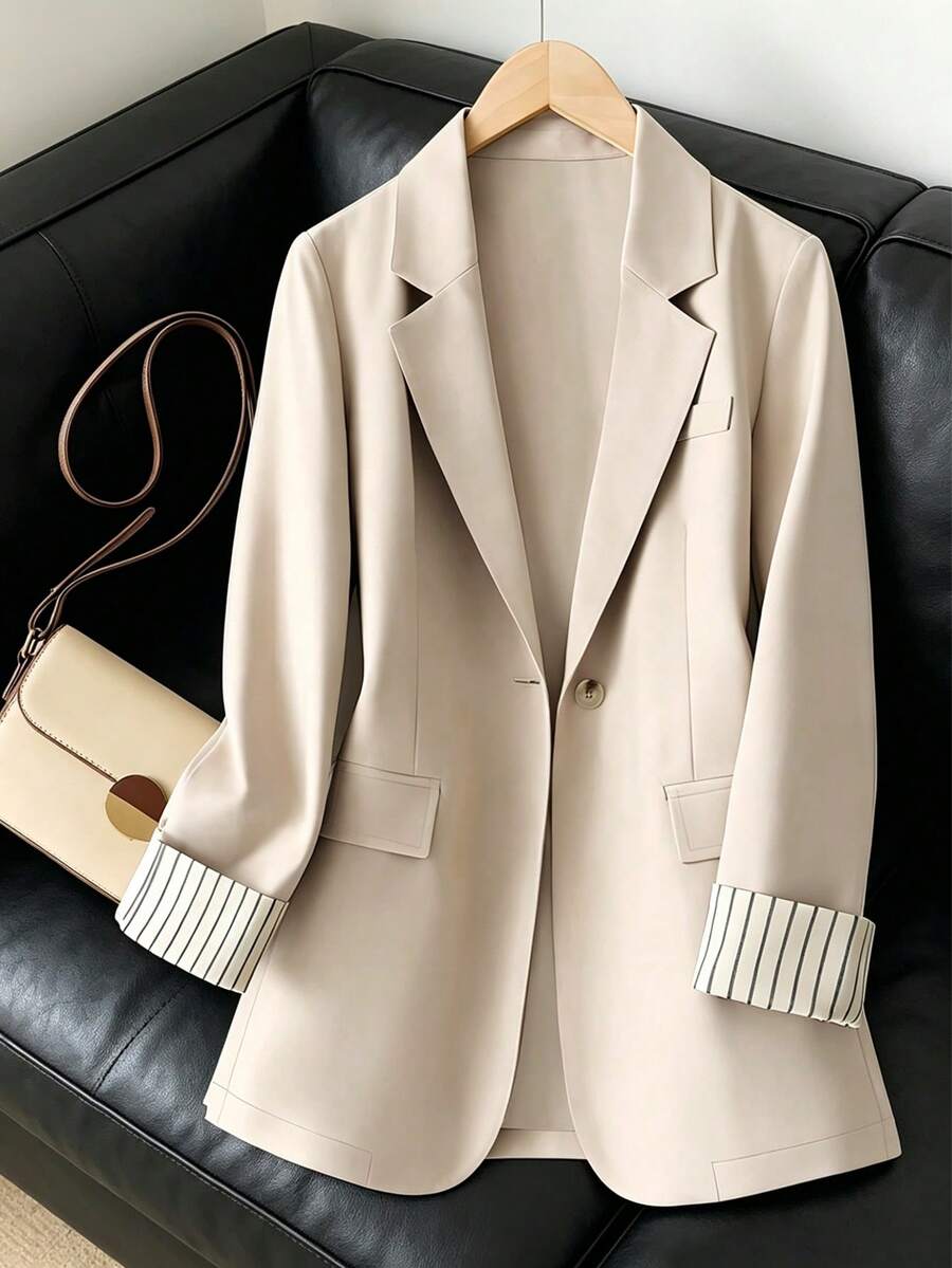 Women's Cuff Striped Patchwork One Button Regular Blazer Casual Spring - Apricot - View 1
