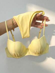 Bộ bikini hai mảnh co giãn cao cấp dành cho nữ, có chi tiết bèo nhún, buộc dây phía sau, kiểu dáng thanh lịch thường ngày. - Màu vàng - Xem 1