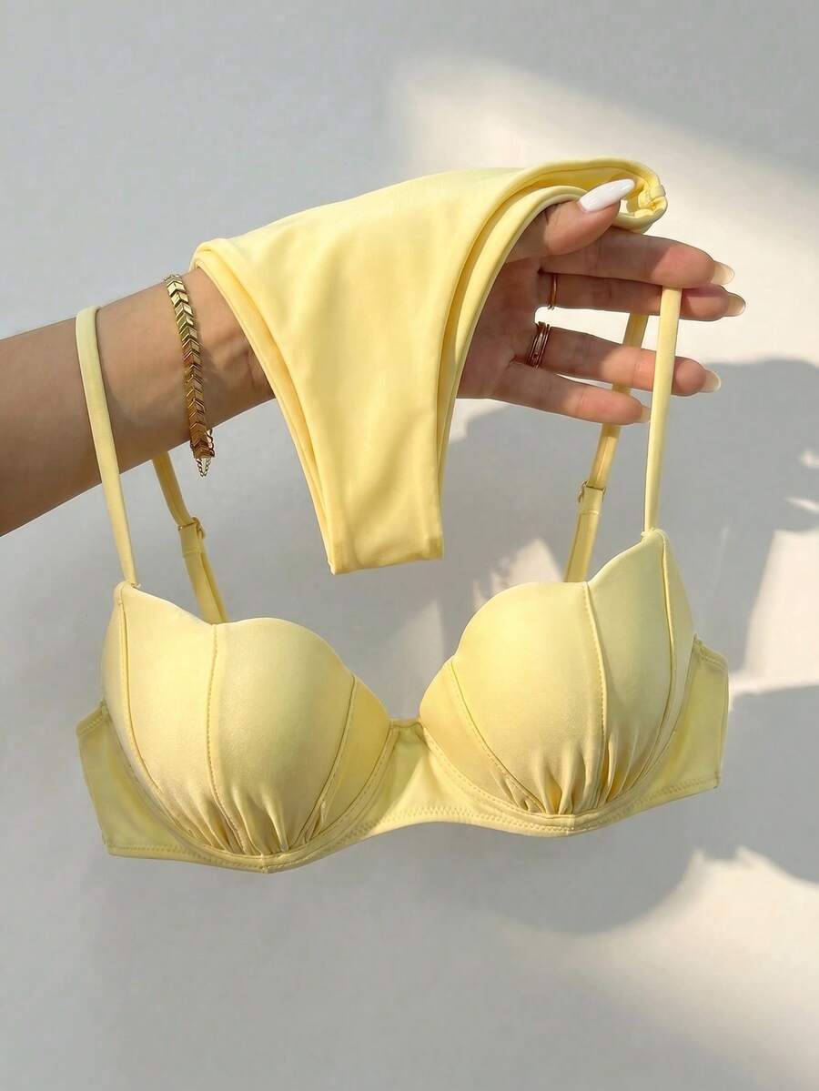 Bộ bikini hai mảnh co giãn cao cấp dành cho nữ, có chi tiết bèo nhún, buộc dây phía sau, kiểu dáng thanh lịch thường ngày. - Màu vàng - Xem 1