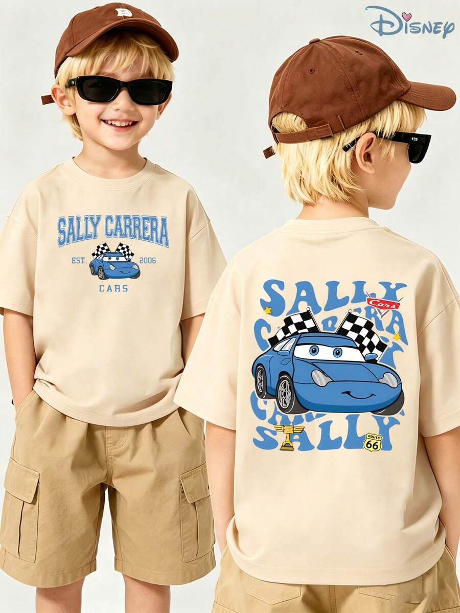 Boys' Disney Cars Sally Carrera Graphic T-Shirt, Kids Retro 2006 Movie Tee, Soft Breathable Casual Top For Boys, Ideal For Everyday Wear, Playground, School, Theme Parks, Vacation & Outdoor Activities - Màu be - Xem 1