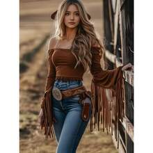Women's Western Cowgirl Off-Shoulder Fringe Top, Sexy Slim Fitted Long Sleeve Tassel Blouse – Soft Breathable Fabric, Vintage Western Style, Perfect For Music Festival Party & Daily Casual Wear - 布朗 2 - 查看 3