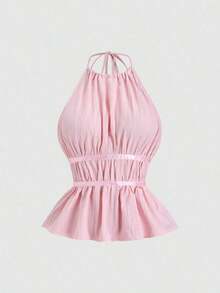 Conjunto de dos piezas para mujer estilo francés elegante color café, top halter de escote alto con tirantes finos, cintura fruncida y dobladillo peplum, combinado con pantalones anchos holgados de cintura elástica, tejido texturizado fresco y cómodo, ideal para uso diario, brunch, citas, salidas casuales, vacaciones y looks sofisticados de primavera y verano - Rosa - Ver 8