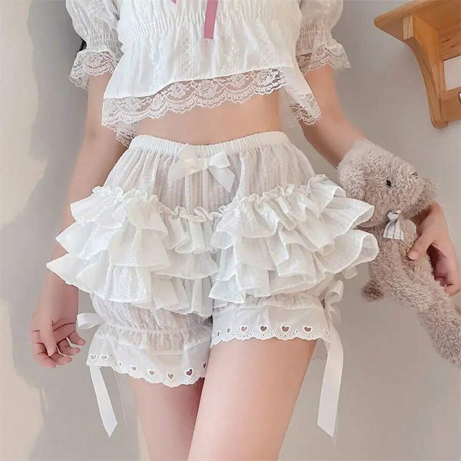 Pantalones cortos góticos de encaje de Lolita para mujer, bombachos con volantes y lazo bonito estético negro, pantalones cortos Y2k E-girl Kawaii con volantes - blanco1 - Ver 1
