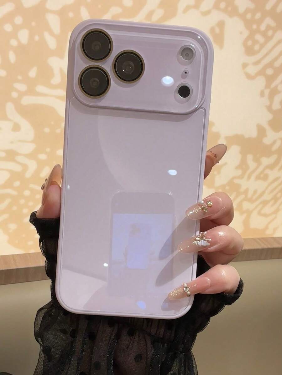 Summer Solid Color Macaron Glass Naked Machine Texture Straight Edge With Lens Film 16 ProMax Phone Case, Fingerprint-Resistant Minimalist 13/14 Pro/15 Pro Max/11/12 Phone Protective Cover - Mauve Purple - View 1