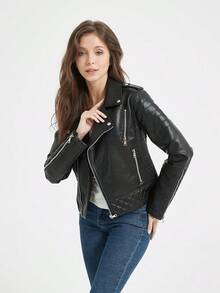 Plus Size Women's PU Leather Jacket Slim Fit Motorcycle Style Lapel Zip Up Short Casual Coat - Black - View 3