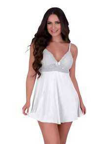 Camisola Feminina Curta Lingerie para Dormir Leve Confortável Modelagem Ajustada - Azul Marinho - Visão 8