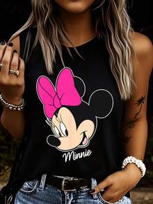 Disney Áo tank top nữ in hình hoạt hình chuột Minnie, cổ tròn, co giãn, phù hợp mặc hàng ngày, chất liệu dễ giặt ủi, kiểu dáng thời trang thường ngày. - màu đen - Xem 3
