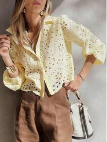 Camisa de mujer de un solo pecho bordada, para uso casual y diario, ideal para vacaciones de verano - Amarillo - Ver 7