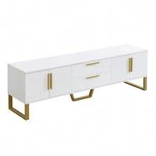 High-Gloss TV Unit: Gold Base, Handles And Legs, Engraved Textured Door, Living Room Storage Solution, Perfect Combination Of Elegance, Luxury And Functionality. - 白色 - 查看 6