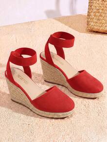 Women's Closed Toe Elastic Ankle Strap Espadrilles Vacation Outing Comfortable Commuting And Shopping Wedge Sandals Summer Shoes - 紅色 - 查看 2