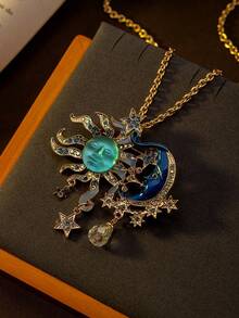 1 Pair Of Vintage Sun & Moon Pendant Necklace For Women, Celestial Statement Jewelry Vintage Style - A - 查看 1