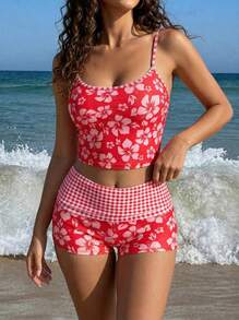 Sultry Sol Bộ bikini nữ, áo thun mùa hè kẻ caro, họa tiết hoa dâm bụt, có áo ngực tích hợp, thích hợp cho các buổi đi chơi, sinh nhật, trang phục thường ngày, phong cách Y2K, phong cách những năm 2000, thanh lịch, thời trang đường phố, kỳ nghỉ biển. - hồng - Xem 2