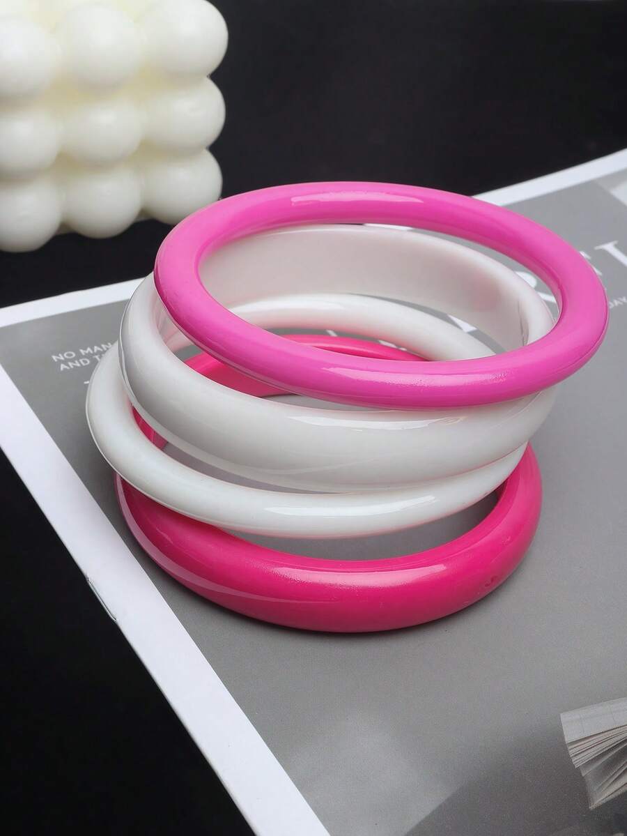 4pcs Retro Resin Multi-Color Acrylic Bangle Bracelets, Fashionable & Versatile Daily Wear For Women - Hot Pink - View 1