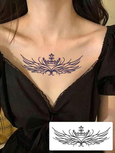 1pc Crown & Wing Line Drawing Temporary Tattoo, Waterproof & Long-Lasting, Suitable For Collarbone/Chest Decoration, INS Style
