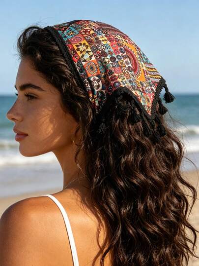 وشاح ثلاثي الأضلاع ملون بطبعة غير متماثلة مع شرابات، إطلالة أنيقة