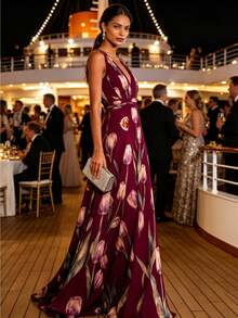 Women's New Arrival: Tulip-Print Dress - Sleeveless, V-Neck, Chiffon Maxi Dress - Burgundy - View 3