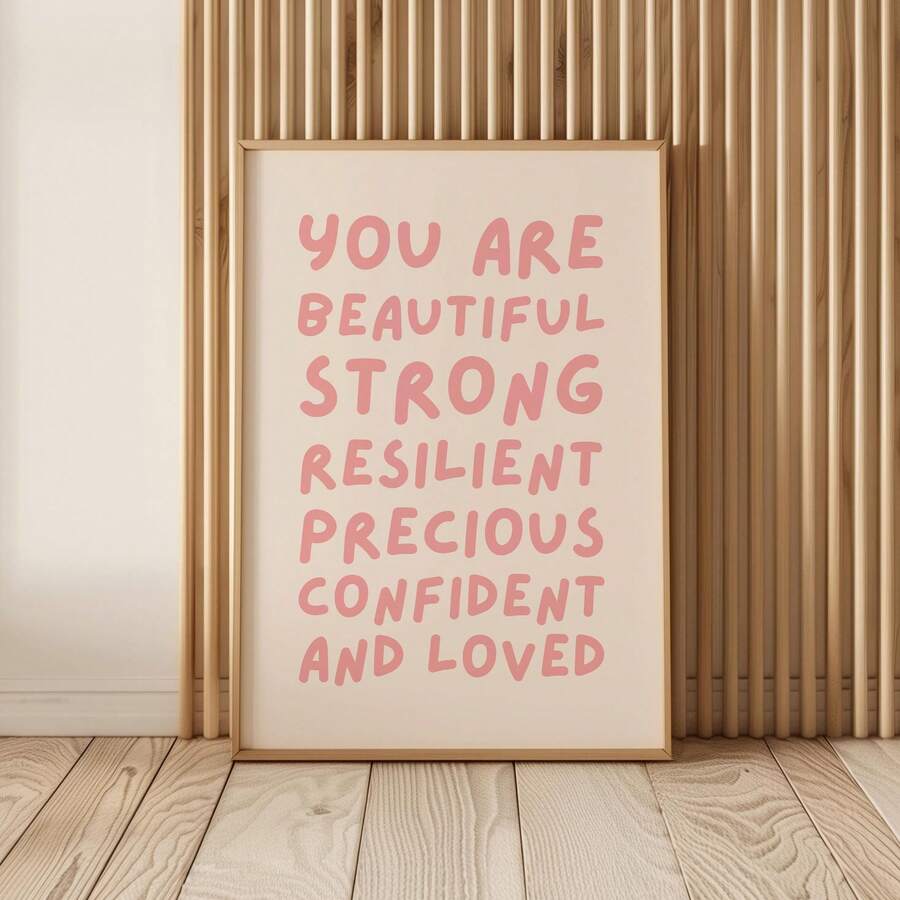 1件 You Are Beautiful 女孩正面視角正向肯定帆布畫 自我激勵海報 粉色勵志金句 家居裝飾 客廳 臥室 兒童房 無框/有框/木製海報掛架 - 圖案 - 查看 1
