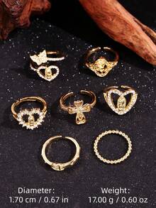 7pcs/Set Exquisite Vintage Elegant Versatile Unique Cross & Heart Design Rhinestone Gold Rings Set, Suitable For Women's Daily, Festival, Party Jewelry - Multicolor - View 7