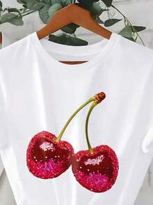 Camiseta de mujer de cuello redondo, holgada y de alta calidad, con estampados de letras, corazones de dibujos animados y diseños de animales pequeños en varios estilos, es adecuada para el uso diario casual y salidas a la playa. Es la elección perfecta para conjuntos de vacaciones en pareja. Hecha de 100% algodón puro, tela de 200 gramos de peso, de alta calidad, suave y cómoda, un imprescindible para el uso diario. - Blanco - Ver 4