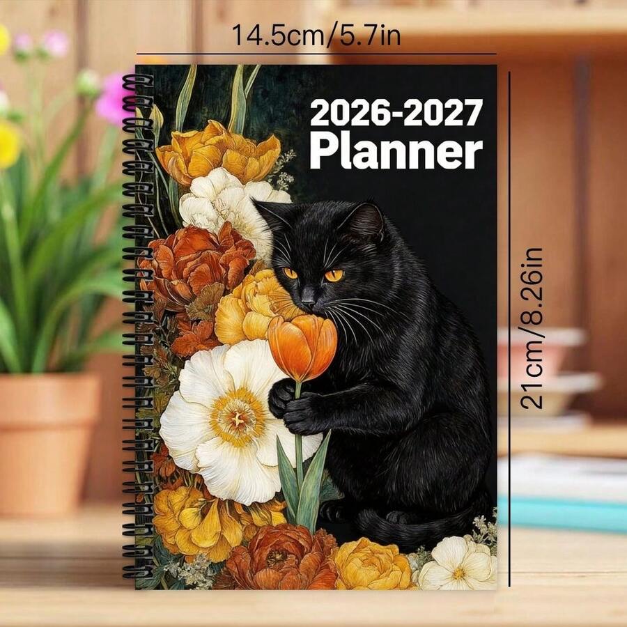 1 Buah Buku Catatan Perencana 2026-2027 dengan Pena, Jilid Spiral, Cocok untuk Penggunaan Universitas dan Kantor, Termasuk Desain Kucing Hitam & Bunga, Daftar Tujuan dan Tugas Mingguan & Bulanan, Buku Catatan Spiral untuk Perencanaan Mingguan dengan Tujuan dan Daftar Tugas