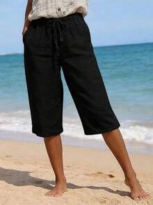Pantalones Capri de Mujer, Color Sólido, Algodón y Lino, Corte Holgado, Cinturón Delantero y Trasero, Múltiples Bolsillos - Negro - Ver 6