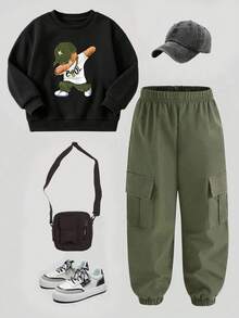 Baby Boy Cartoon Print Long Sleeve Top And Pants Set - Black - View 3