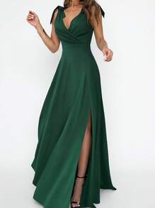 Sedessea Women's Elegant Solid Color High Split Maxi Dress, Party Dress, For Cocktail Wedding Spring - Green - View 1
