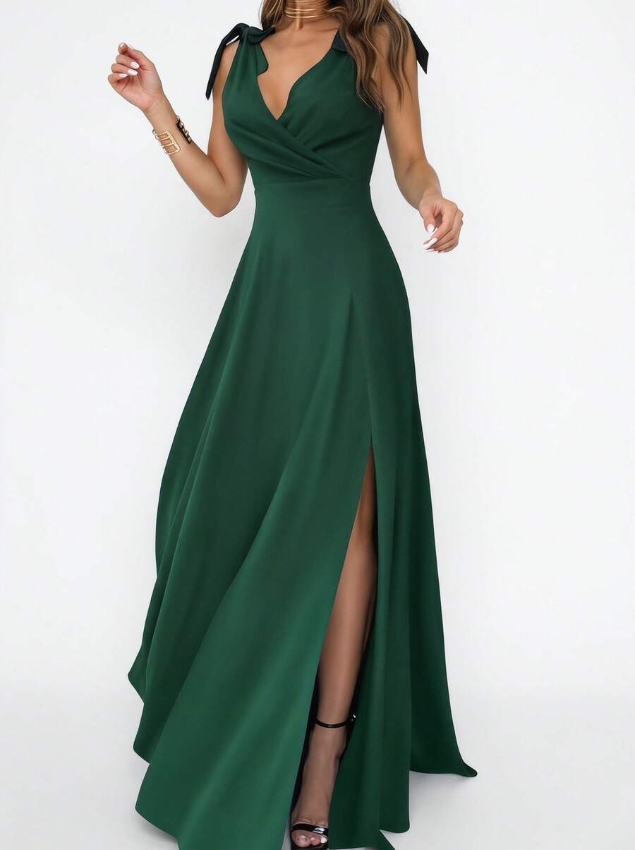 Sedessea Women's Elegant Solid Color High Split Maxi Dress, Party Dress, For Cocktail Wedding Spring - Green - View 1